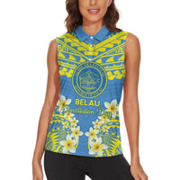 Palau Constitution Day Women Sleeveless Polo Shirt Belau Seal With Frangipani Polynesian Pattern - Blue LT14 - Polynesian Pride