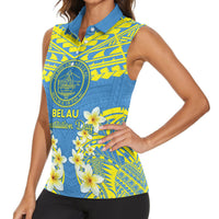 Palau Constitution Day Women Sleeveless Polo Shirt Belau Seal With Frangipani Polynesian Pattern - Blue LT14 - Polynesian Pride