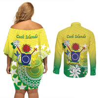 Cook Islands Independence Day Couples Matching Off Shoulder Short Dress and Long Sleeve Button Shirt Kuki Airani Tiare Maori Polynesian Pattern - Green