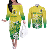 Cook Islands Independence Day Couples Matching Off The Shoulder Long Sleeve Dress and Long Sleeve Button Shirt Kuki Airani Tiare Maori Polynesian Pattern - Green