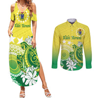 Cook Islands Independence Day Couples Matching Summer Maxi Dress and Long Sleeve Button Shirt Kuki Airani Tiare Maori Polynesian Pattern - Green
