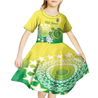 Cook Islands Independence Day Kid Short Sleeve Dress Kuki Airani Tiare Maori Polynesian Pattern - Green