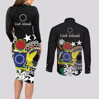 Cook Islands Independence Day Couples Matching Long Sleeve Bodycon Dress and Long Sleeve Button Shirt Kuki Airani Tiare Maori Polynesian Pattern - Black