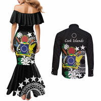 Cook Islands Independence Day Couples Matching Mermaid Dress and Long Sleeve Button Shirt Kuki Airani Tiare Maori Polynesian Pattern - Black