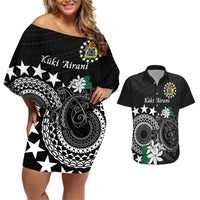 Cook Islands Independence Day Couples Matching Off Shoulder Short Dress and Hawaiian Shirt Kuki Airani Tiare Maori Polynesian Pattern - Black