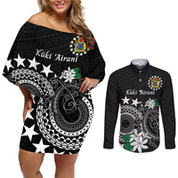 Cook Islands Independence Day Couples Matching Off Shoulder Short Dress and Long Sleeve Button Shirt Kuki Airani Tiare Maori Polynesian Pattern - Black