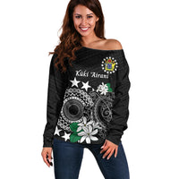 Cook Islands Independence Day Off Shoulder Sweater Kuki Airani Tiare Maori Polynesian Pattern - Black