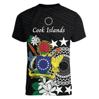 Cook Islands Independence Day Women V-Neck T-Shirt Kuki Airani Tiare Maori Polynesian Pattern - Black