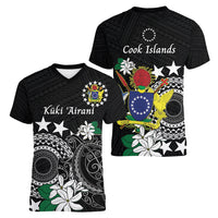 Cook Islands Independence Day Women V-Neck T-Shirt Kuki Airani Tiare Maori Polynesian Pattern - Black