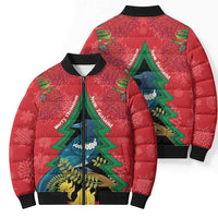 New Zealand Christmas In July Bomber Puffer Jacket Kowhai Tui Bird With Pohutukawa - Red - Polynesian Pride