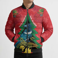 New Zealand Christmas In July Bomber Puffer Jacket Kowhai Tui Bird With Pohutukawa - Red - Polynesian Pride