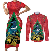 New Zealand Christmas In July Couples Matching Short Sleeve Bodycon Dress and Long Sleeve Button Shirt Kowhai Tui Bird With Pohutukawa - Red