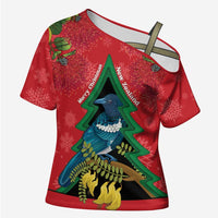 New Zealand Christmas In July Cross Shoulder Shirt Kowhai Tui Bird With Pohutukawa - Red - Polynesian Pride