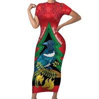 New Zealand Christmas In July Family Matching Short Sleeve Bodycon Dress and Hawaiian Shirt Kowhai Tui Bird With Pohutukawa - Red