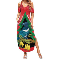 New Zealand Christmas In July Family Matching Summer Maxi Dress and Hawaiian Shirt Kowhai Tui Bird With Pohutukawa - Red
