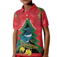 New Zealand Christmas In July Kid Polo Shirt Kowhai Tui Bird With Pohutukawa - Red