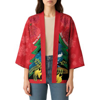 New Zealand Christmas In July Kimono Kowhai Tui Bird With Pohutukawa - Red - Polynesian Pride