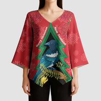 New Zealand Christmas In July Kimono Sleeve Blouse Kowhai Tui Bird With Pohutukawa - Red - Polynesian Pride
