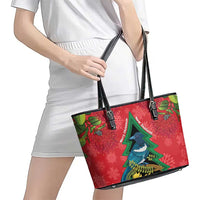 New Zealand Christmas In July Leather Tote Bag Kowhai Tui Bird With Pohutukawa - Red