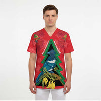 New Zealand Christmas In July Scrub Top Kowhai Tui Bird With Pohutukawa - Red - Polynesian Pride