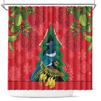 New Zealand Christmas In July Shower Curtain Kowhai Tui Bird With Pohutukawa - Red