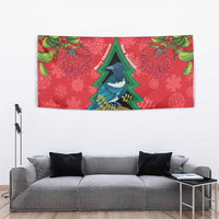 New Zealand Christmas In July Tapestry Kowhai Tui Bird With Pohutukawa - Red