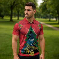New Zealand Christmas In July Zipper Polo Shirt Kowhai Tui Bird With Pohutukawa - Red - Polynesian Pride