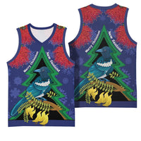 New Zealand Christmas In July Basketball Jersey Kowhai Tui Bird With Pohutukawa - Blue - Polynesian Pride