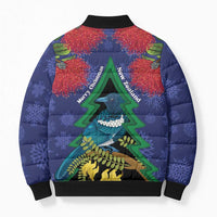 New Zealand Christmas In July Bomber Puffer Jacket Kowhai Tui Bird With Pohutukawa - Blue - Polynesian Pride
