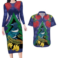 New Zealand Christmas In July Couples Matching Long Sleeve Bodycon Dress and Hawaiian Shirt Kowhai Tui Bird With Pohutukawa - Blue