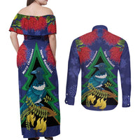New Zealand Christmas In July Couples Matching Off Shoulder Maxi Dress and Long Sleeve Button Shirt Kowhai Tui Bird With Pohutukawa - Blue