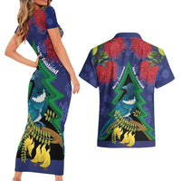 New Zealand Christmas In July Couples Matching Short Sleeve Bodycon Dress and Hawaiian Shirt Kowhai Tui Bird With Pohutukawa - Blue