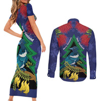 New Zealand Christmas In July Couples Matching Short Sleeve Bodycon Dress and Long Sleeve Button Shirt Kowhai Tui Bird With Pohutukawa - Blue