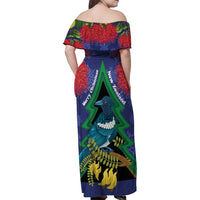 New Zealand Christmas In July Family Matching Off Shoulder Maxi Dress and Hawaiian Shirt Kowhai Tui Bird With Pohutukawa - Blue