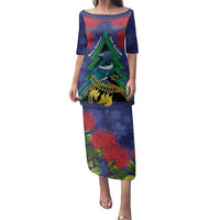 New Zealand Christmas In July Family Matching Puletasi and Hawaiian Shirt Kowhai Tui Bird With Pohutukawa - Blue