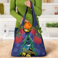 New Zealand Christmas In July Grocery Bag Kowhai Tui Bird With Pohutukawa - Blue