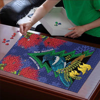 New Zealand Christmas In July Puzzle Kowhai Tui Bird With Pohutukawa - Blue - Polynesian Pride