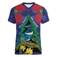 New Zealand Christmas In July Women V-Neck T-Shirt Kowhai Tui Bird With Pohutukawa - Blue
