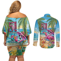 Flamingo Aloha Hawaii Couples Matching Off Shoulder Short Dress and Long Sleeve Button Shirt It's 5 OClock Somewhere Tropical Vibes LT14 - Polynesian Pride