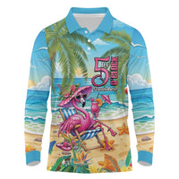 Flamingo Aloha Hawaii Long Sleeve Polo Shirt It's 5 OClock Somewhere Tropical Vibes LT14 Blue - Polynesian Pride
