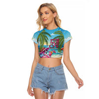 Flamingo Aloha Hawaii Raglan Cropped T Shirt It's 5 O’Clock Somewhere Tropical Vibes - Polynesian Pride