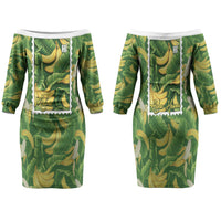 Aloha Hawaii Maia Family Matching Off The Shoulder Long Sleeve Dress and Hawaiian Shirt Hawaiian Banana Stylized Stamp LT14 Mom's Dress Green - Polynesian Pride