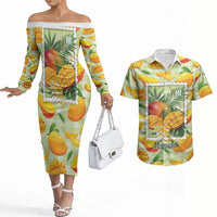 Aloha Hawaii Manako Palaka Motifs Couples Matching Off The Shoulder Long Sleeve Dress and Hawaiian Shirt Hawaiian Mango Stylized Stamp LT14 Yellow - Polynesian Pride