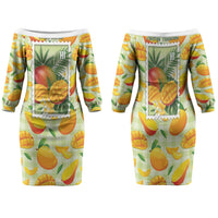 Aloha Hawaii Manako Palaka Motifs Family Matching Off The Shoulder Long Sleeve Dress and Hawaiian Shirt Hawaiian Mango Stylized Stamp LT14 Mom's Dress Yellow - Polynesian Pride