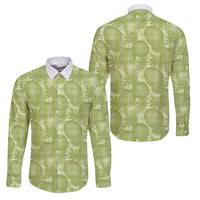 Omaomao Hawaii Breadfruit Palaka Motifs Family Matching Tank Maxi Dress and Hawaiian Shirt LT14 Dad's Shirt - Long Sleeve Green - Polynesian Pride