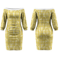 Melemele Hawaii Breadfruit Palaka Motifs Family Matching Off The Shoulder Long Sleeve Dress and Hawaiian Shirt LT14 Mom's Dress Yellow - Polynesian Pride