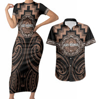 Aotearoa Kati Mamoe Personalised Couples Matching Short Sleeve Bodycon Dress and Hawaiian Shirt Maori Iwi Poutama Puhoro Tattoo LT14 Brown - Polynesian Pride