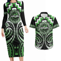 Aotearoa Ngati Awa Personalised Couples Matching Long Sleeve Bodycon Dress and Hawaiian Shirt Maori Iwi Poutama Puhoro Tattoo LT14 Green - Polynesian Pride