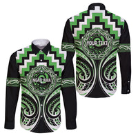 Aotearoa Ngati Awa Personalised Family Matching Tank Maxi Dress and Hawaiian Shirt Maori Iwi Poutama Puhoro Tattoo LT14 Dad's Shirt - Long Sleeve Green - Polynesian Pride