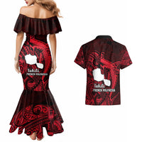 French Polynesia Tahiti Couples Matching Mermaid Dress and Hawaiian Shirt Polynesian Shark Tattoo With Hibiscus Red Version LT14 - Polynesian Pride